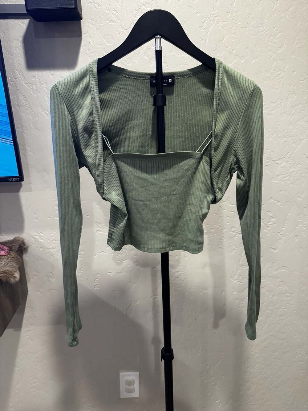 Ribbed Two-Piece Set Square Neck Crop Top and Long Sleeve Bolero in Sage Green